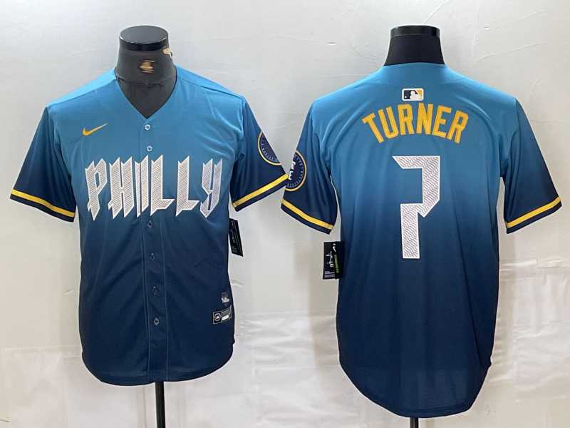 Men's Philadelphia Phillies #7 Trea Turner Blue 2024 City Connect Limited Stitched Jersey,We sell and wholesale Men's Philadelphia Phillies #7 Trea Turner Blue 2024 City Connect Limited Stitched Jersey on line form chian!